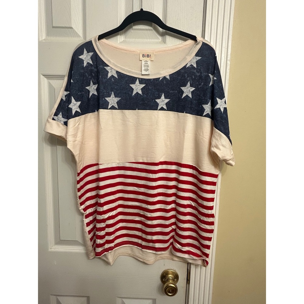 BIBI Womens American Flag Stars & Stripes Dolman Top L Cream Red Blue USA Pride - Picture 7 of 7